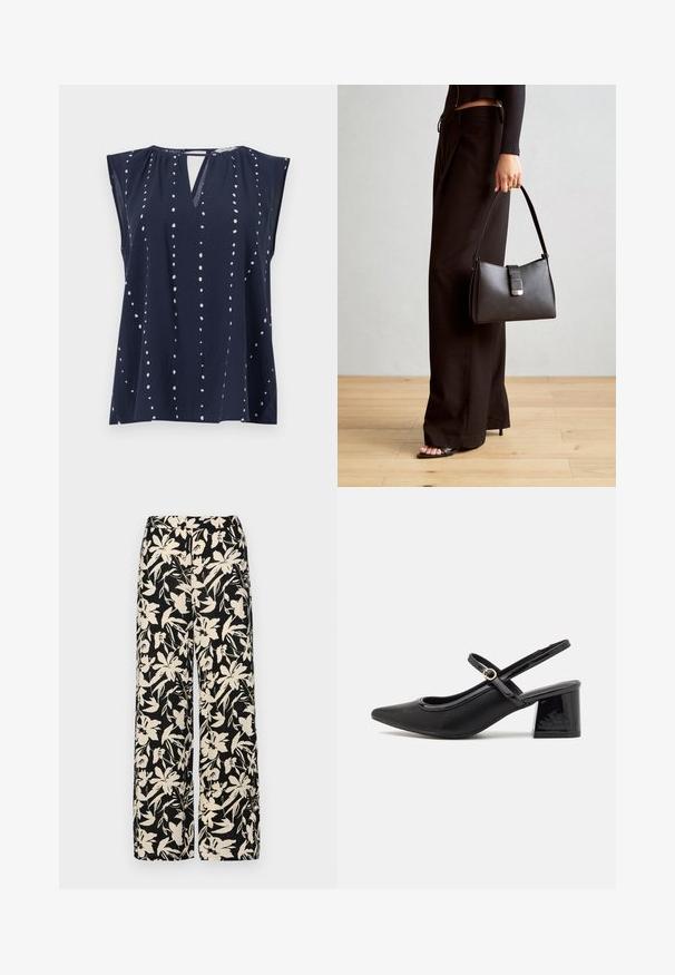 Tumed värvi ilma varrukateta topp V-kaelusega ja võtmeaugu detailiga, millel on valged täpikujulised mustrid, mis on vertikaalselt paigutatud kangale.; Mustad laiad püksid kreemja lillemustriga. Valmistatud kergest kangast, millel on sile tekstuur ja kõrge vöökoht.; Mustad läikivad nahast slingback-kõrged kontsad, millel on terav nina, ümar lõikekujundus ja blokknina. Omab kuldset nupu aktsenti.; Must musta kott, millel on struktureeritud kuju, sile tekstuur ja metallist klamber. Kombineeritud laiate mustade pükstega ja avatud varvaste sandaalidega puidust põrandal.