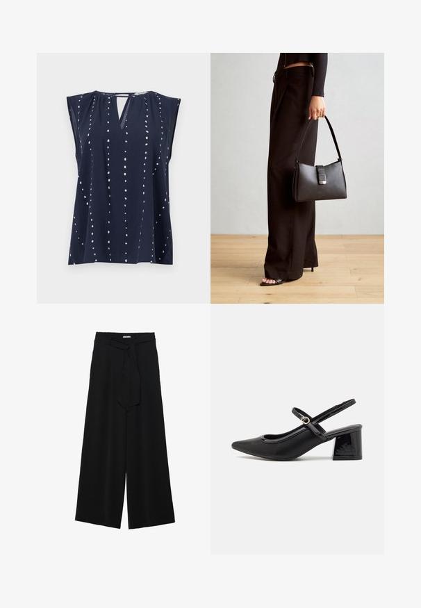Tumed värvi ilma varrukateta topp V-kaelusega ja võtmeaugu detailiga, millel on valged täpikujulised mustrid, mis on vertikaalselt paigutatud kangale.; Mustad laiad püksid, millel on tekstureeritud kangas, elastne vöökoht ja eemaldatav pael vööst, et reguleerida sobivust.; Mustad läikivad nahast slingback-kõrged kontsad, millel on terav nina, ümar lõikekujundus ja blokknina. Omab kuldset nupu aktsenti.; Must musta kott, millel on struktureeritud kuju, sile tekstuur ja metallist klamber. Kombineeritud laiate mustade pükstega ja avatud varvaste sandaalidega puidust põrandal.