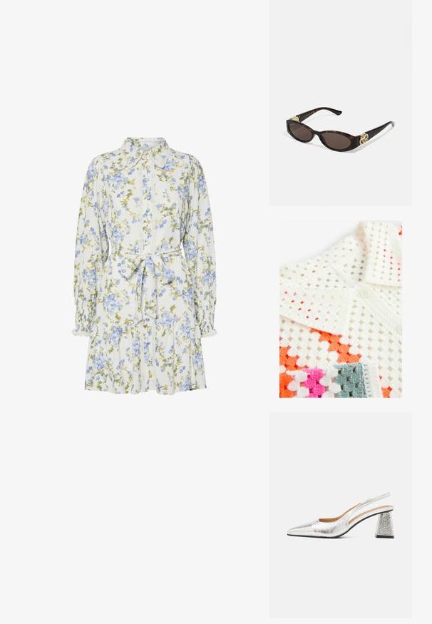 White crocheted polo shirt features open knit design with orange, pink, and grey accents; includes a buttoned collar and textured fabric.; Floral dress in white with blue and green flowers, featuring a collar, button-down front, long sleeves with elastic cuffs, and a waist tie.; Silver slingback pump with a pointed toe, textural metallic finish, and a triangular block heel. Interior features brown leather details.; Tortoiseshell sunglasses with elongated oval lenses, brown tint, gold logo accents on temples, and sleek black arms.; Beige patterned handbag with a curved shape, leather accents, and a gold-tone logo on the front. Features a short handle for easy carrying.; Pearl and crystal necklace with a round, beaded design in pale hues, featuring alternating pearls and sparkling accents, worn around the neck.