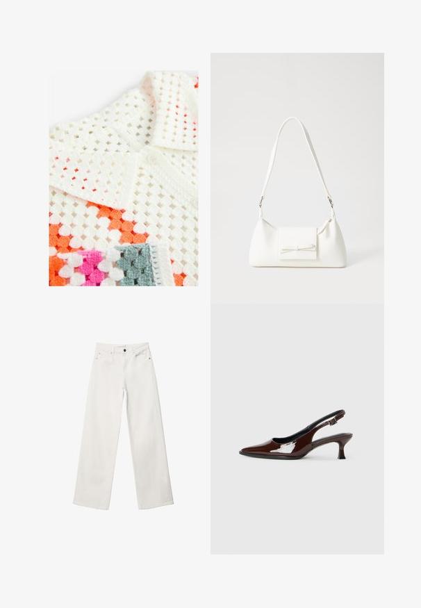 Hvid hæklede polo skjorte med åbent strikket design og orange, pink og grå detaljer; inkluderer en knappet krave og tekstureret stof.; Hvide bukser med vidde lavet af denim, med høj talje, fem lomme-design og metalknaplukning. Glat tekstur, ingen mønstre.; Brun patenteret læder slingback sko med spids tå og en moderat hæl. Har en spænde rem for en sikker pasform. Glat tekstur.; Hvid syntetisk håndtaske med en trekantet form, flad forsideklap og sløjfedetalje, justerbar strop, glat tekstur og minimalistisk design.