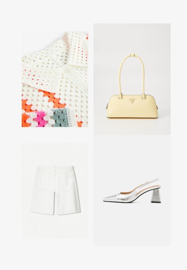 La maglietta polo bianca all'uncinetto presenta un design a maglie aperte con accenti arancioni, rosa e grigi; include un colletto con bottoni e un tessuto testurizzato.; Shorts in denim bianco con un design a taglio dritto, caratterizzati da una vita alta, due tasche posteriori e una leggera rifinitura con cuciture.; Pump slingback argento con punta affusolata, finitura metallica testurizzata e tacco a blocco triangolare. Gli interni presentano dettagli in pelle marrone.; Borsa a mano in pelle verniciata gialla con forma arrotondata, manico singolo superiore e una placca logo argentata. Presenta una chiusura con zip e una texture liscia.