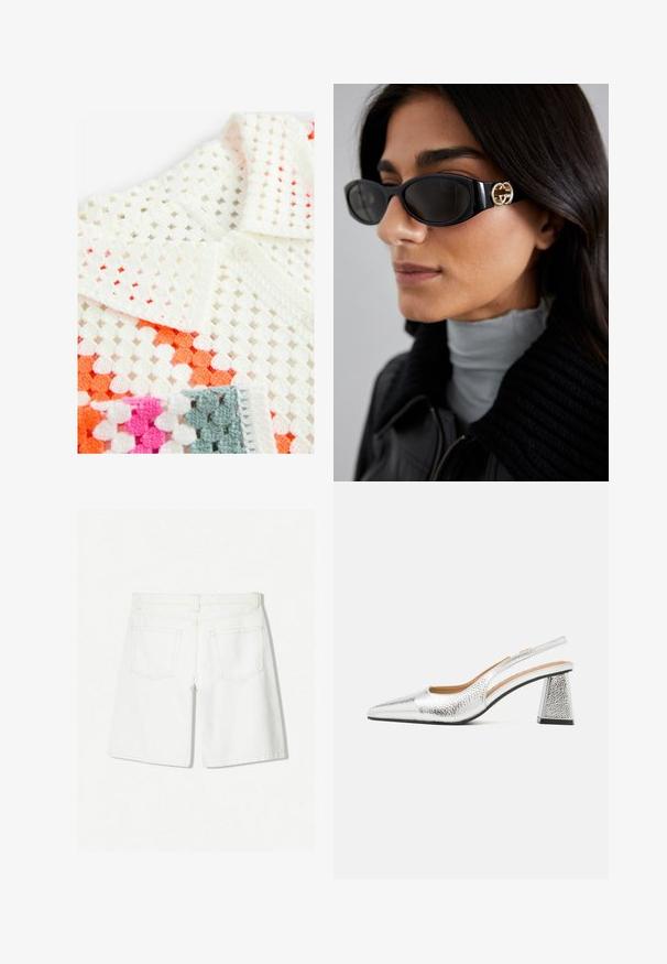 Das weiße, gehäkelte Poloshirt zeichnet sich durch ein offenes Strickdesign mit orangefarbenen, rosa und grauen Akzenten aus; es verfügt über einen mit Knöpfen versehenen Kragen und einen strukturierten Stoff.; Weiße Denim-Shorts mit einem geraden Schnitt, hoher Taille, zwei Gesäßtaschen und dezenten Steppnähten.; Silberne Slingback-Pumps mit spitzem Zeh, texturaler metallischer Oberfläche und einem dreieckigen Blockabsatz. Das Innere weist braune Lederdetails auf.; Schwarze Sonnenbrille mit einem schlanken rechteckigen Rahmen und einem goldenen Logo-Akzent an der Seite. Dunkle Gläser und glänzende Oberfläche sind auffällig.