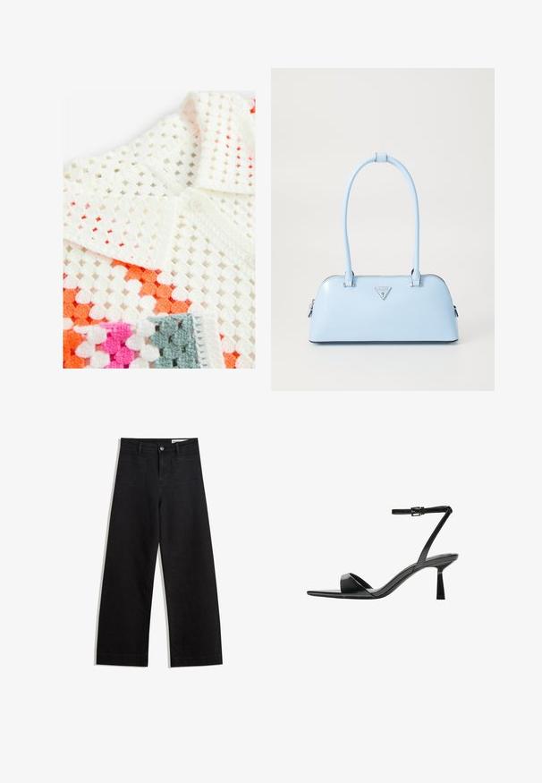 Valkoinen virkattu poolopaita, jossa on avoin neulekuviointi ja oranssia, vaaleanpunaista sekä harmaata korosteväriä; sisältää napitettavan kauluksen ja tekstuurikankaan.; Mustat leveät farkut korkealla vyötäröllä, joissa on etu- ja takataskut, ommellut saumat ja nappisuljenta. Silkinoinen rakenne.; Bershka Korolliset sandaalit - black; Vaaleansininen käsilaukku, joka on muotoiltu jämäkästi, valmistettu sileästä nahasta, varustettu kahdella kahvalla ja edessä kolmiomainen brändilogo. Vetoketjukiinnitys.