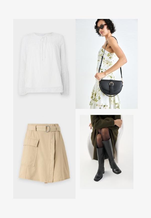 Balta ilgomis rankovėmis bluzonė su nėriniuotais akcentais, apvalia iškirpte, susiraukšlėjusia liemeniu ir tekstūriniais taškeliais ant lygaus audinio.; Šviesiai rudos medvilnės sijonas su šonine kišene, diržu, kuriame yra sidabro žiedas, ir šiek tiek A formos siluetu. Lygus audinys ir paprastas dizainas.; Juodos odinės pradžios ilgio bateliai su kvadratu formos nosimi ir bloko kulnu, demonstruojami su modeliu, sėdinčiu alyvuogių žalios spalvos švarku. Lygi tekstūra, minimalus puošimas.; Juodas odinis krepšys su išlenkta forma, nuimamu dirželiu ir auksiniais detalėmis. Krepšys turi kilpą su sagtimi.