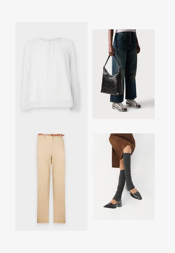 Fehér hosszú ujjú blúz csipke díszítéssel, kerek nyakkivágással, ráncolt felső résszel és sima anyagon elhelyezett texturált pöttyökkel.; Könnyű szövetből készült bézs chino nadrág, egyenes szabású, oldalsó zsebekkel és téglalap alakú csattal rendelkező barna bőr övvel.; Fekete lakk bőrből készült, hegyes orrú cipők, tömbsarkúakkal és bokapánttal, szürke bordás lábszármelegítőkkel és barna velúr szoknyával párosítva.; Fekete bőr válltáska sima textúrával és állítható pánttal, melyet elnyűtt, bő szárú farmernadrággal és sportcipőkkel párosítottak.