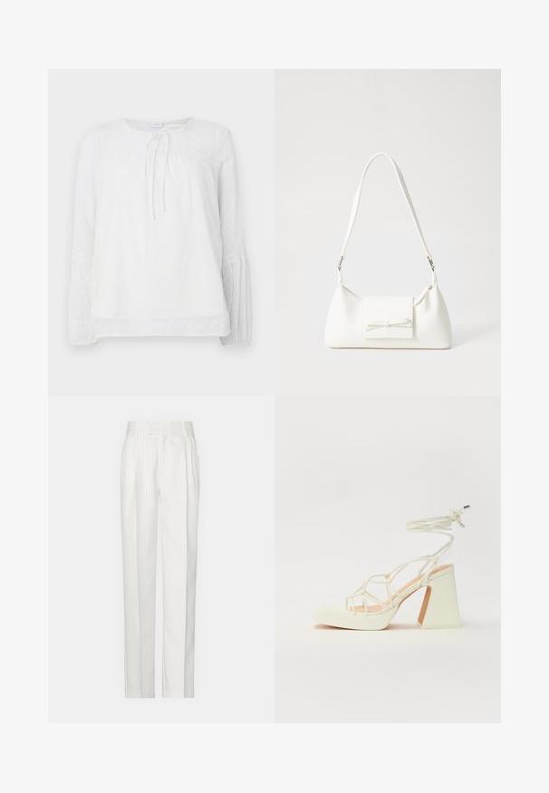 White long-sleeve blouse with lace accents, round neckline, gathered bodice, and textured polka dots on a smooth fabric.; White pinstriped trousers with a straight leg design, made from a lightweight fabric. Features pleats at the front and a traditional waistband.; White high-heeled sandal with a chunky heel, featuring a strappy design and ankle tie. Smooth texture with a platform front for added height.; White synthetic handbag with a triangular shape, flat front flap and bow detail, adjustable strap, smooth texture, and minimalistic design.