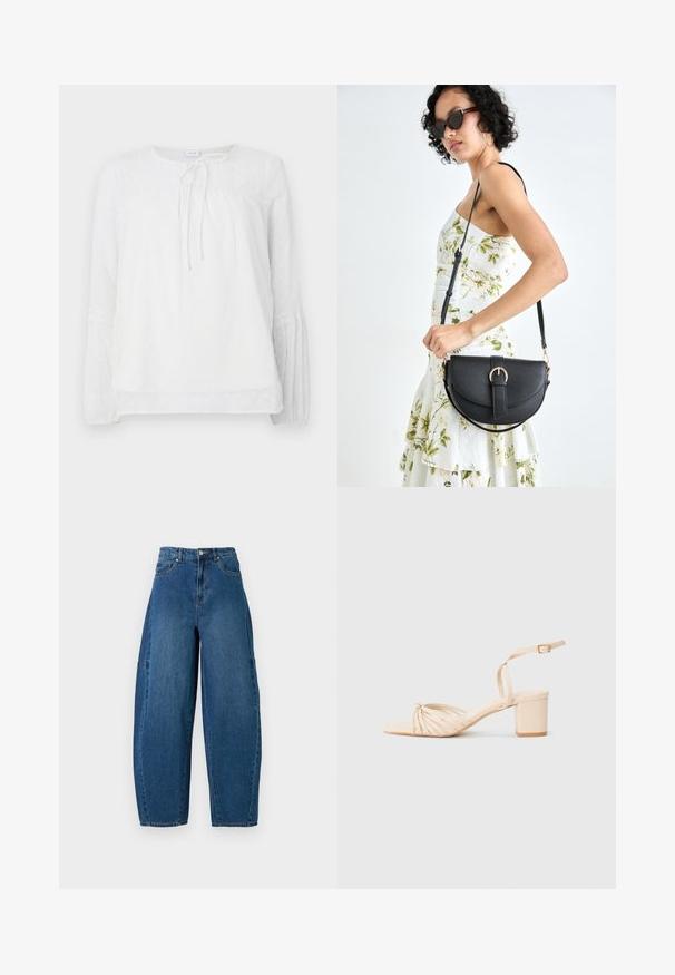 White long-sleeve blouse with lace accents, round neckline, gathered bodice, and textured polka dots on a smooth fabric.; Denim jeans in a medium blue wash, featuring a high waist, wide leg cut, and standard five-pocket design with visible stitching details.; Beige strappy heeled sandal with a square toe, twisted front design, ankle strap, and block heel. Smooth texture, minimalistic style.; Black leather handbag with a curved shape, detachable strap, and gold hardware. The bag features a flap with a buckle detail.