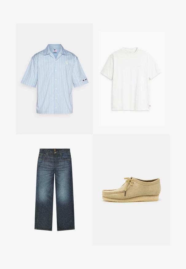 Camisa azul-clara de manga curta com riscas verticais brancas, fecho com botões à frente e logotipo do lado esquerdo do peito. Tecido suave e corte descontraído.; T-shirt de algodão branco com mangas curtas, decote redondo e logo discreto da Levi's impresso no centro. Tecido macio e ajuste padrão.; Jeans largos de cor azul escuro, feitos de denim, com cinco bolsos, costura em contraste e fecho com botão na cintura.; Sapato de camurça bege com um design de atacadores, detalhes cosidos e sola de borracha. O formato é casual, com um ligeiro salto em cunha.