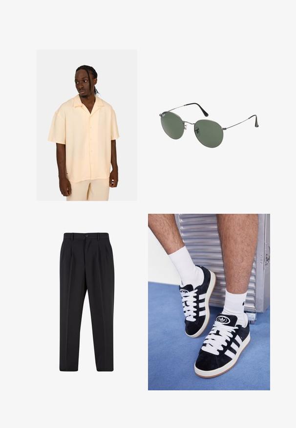 Bleekgele shirt met korte mouwen, ribbelstructuur, knoopsluiting en een subtiele logo. De pasvorm is los en casual, gemaakt van lichtgewicht materiaal.; Witte katoenen t-shirt met korte mouwen, ronde hals, relaxte pasvorm en zonder zichtbare logo's of patronen. Gladde textuur en minimalistisch ontwerp.; Zwarte broek met een geplooid design aan de voorkant, gemaakt van soepel stof. Voorzien van een knoopsluiting en riemlussen; rechte pasvorm.; Zwarte suède sneakers met witte veters en drie witte strepen. Heeft een cirkelvormig zwart logo op de tong en een gumrubberen zool.; Metalen zonnebril met ovale groene lenzen. Dunne zilveren metalen rand en zwarte oorstoppers. Minimalistisch ontwerp, zonder zichtbare logo's.