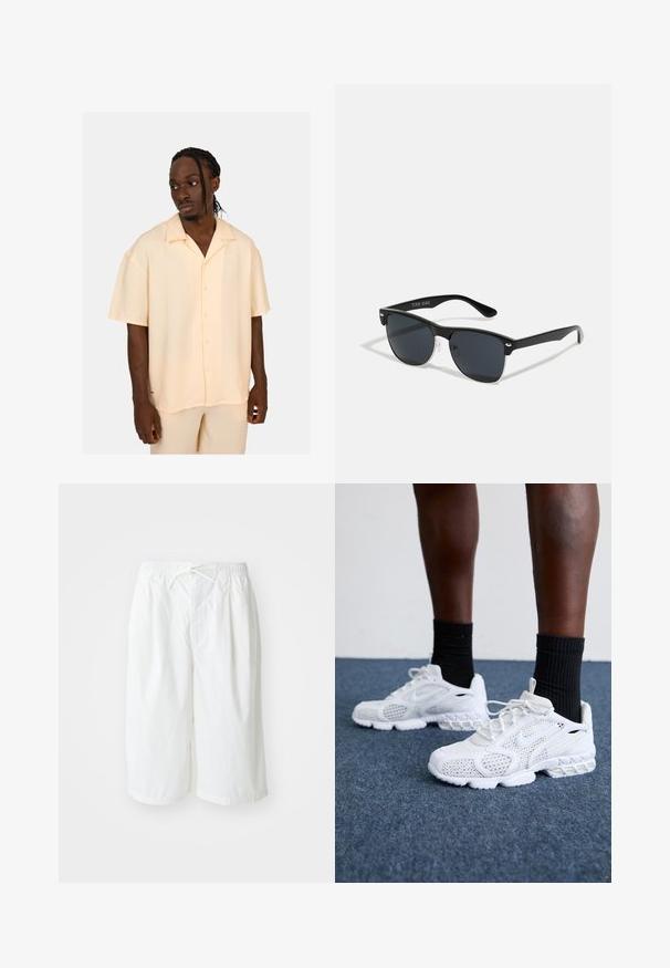 Jasnożółta koszula z krótkim rękawem o prążkowanej teksturze, z zapięciem na guziki i subtelnym logo. Krój jest luźny i swobodny, uszyta z lekkiego materiału.; Białe szorty z elastycznym paskiem i sznurkiem, prezentowane na jednolitym jasnym tle. Odpowiednie do noszenia w casualowych stylizacjach lub w ciepłe dni.; Białe sportowe buty z siateczkową cholewką, teksturowanymi akcentami i wyściełaną podeszwą. W zestawieniu z czarnymi skarpetkami ściągaczowymi do kostek na niebieskiej wykładzinie.; Czarne okulary przeciwsłoneczne o prostokątnym kształcie, ciemnych soczewkach, srebrnych akcentach na zausznikach oraz matowym wykończeniu oprawki.