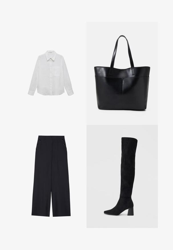 Camicia bianca in lino a maniche lunghe con colletto alla francese, taschino frontale e vestibilità classica. Tessuto morbido e design minimalista.; Pantaloni a gamba larga in tessuto blu scuro, con una superficie liscia, pieghe frontali e occhielli decorativi in tono oro sui taschini laterali.; Stivale in suede nero alto fino al ginocchio con tacco a blocco, punta affusolata e design liscio e senza cuciture su uno sfondo chiaro e semplice.; Borsa a tracolla in pelle nera con due manici lunghi, una texture liscia e una forma strutturata. Presenta una tasca frontale per ulteriore spazio di archiviazione.