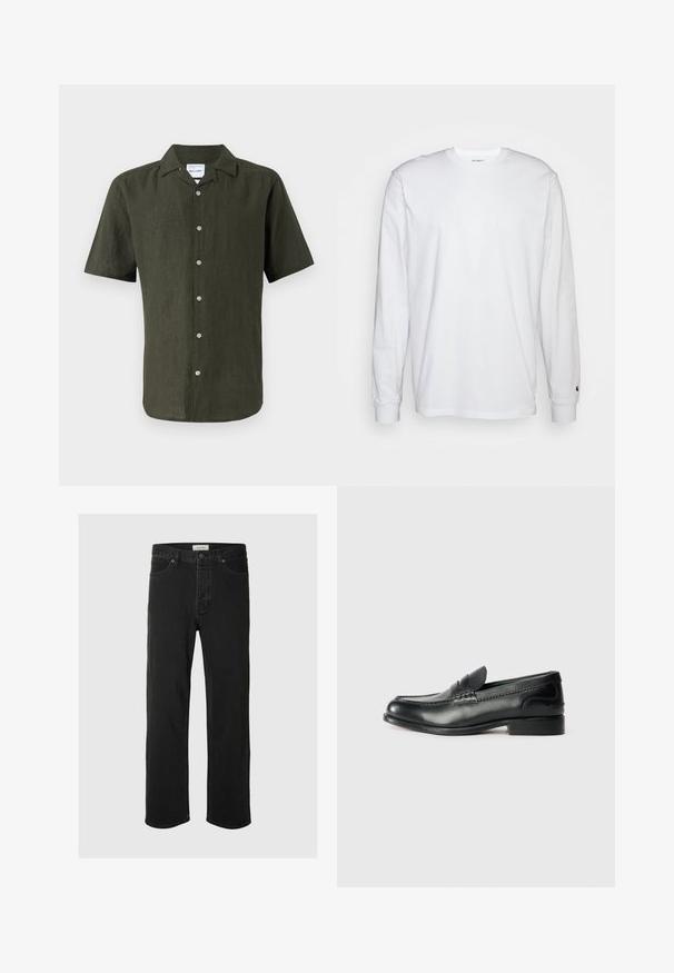 Camisa de lino de manga corta en verde oscuro con cuello, cierre de botones en la parte delantera y dobladillo recto. Tela texturada con un ligero brillo.; Camiseta blanca de manga larga hecha de algodón. Diseño de cuello redondo con puños acanalados y un pequeño logo en la manga izquierda. Textura suave.; Los jeans rectos de mezclilla negra presentan un diseño clásico de cinco bolsillos con cierre de botón, costuras mínimas y una textura suave.; Mocasines de cuero negro con un acabado suave, detalles de costura en la parte delantera y un tacón ligeramente elevado.