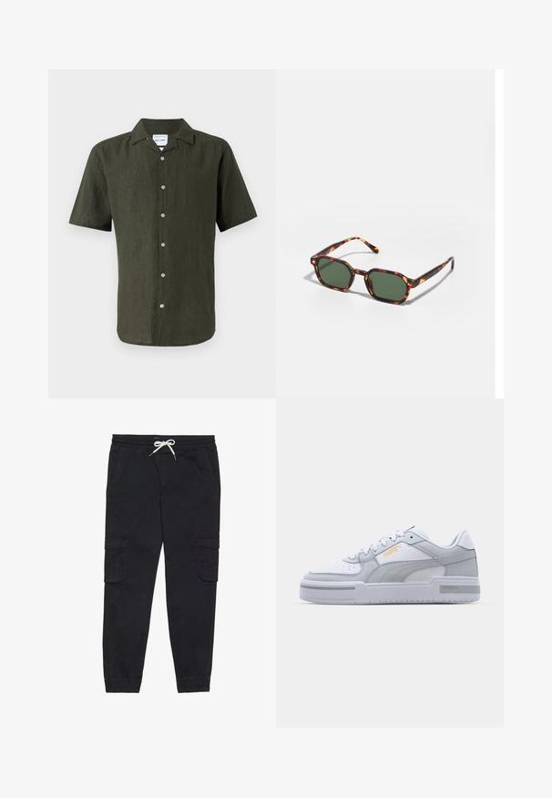Kurzärmliges, dunkelgrünes Leinenhemd mit Kragen, durchgehender Knopfleiste und geradem Saum. Strukturiertes Gewebe mit leichtem Glanz.; Schwarze Cargo-Hosen aus Baumwolle mit einem elastischen Bund und Kordelzug, seitlichen Taschen und schmal zulaufenden Bündchen.; Graue und weiße Sneaker mit einem Obermaterial aus glattem Leder, perforierter Zehenpartie, Schnürverschluss, strukturierten Akzenten und einem dezenten goldenen Logo.; Schildpatt-Sonnenbrille mit grünen Gläsern, in einer achteckigen Form und schlanken, gebogenen Bügeln. Das Material hat eine glänzende Oberfläche.