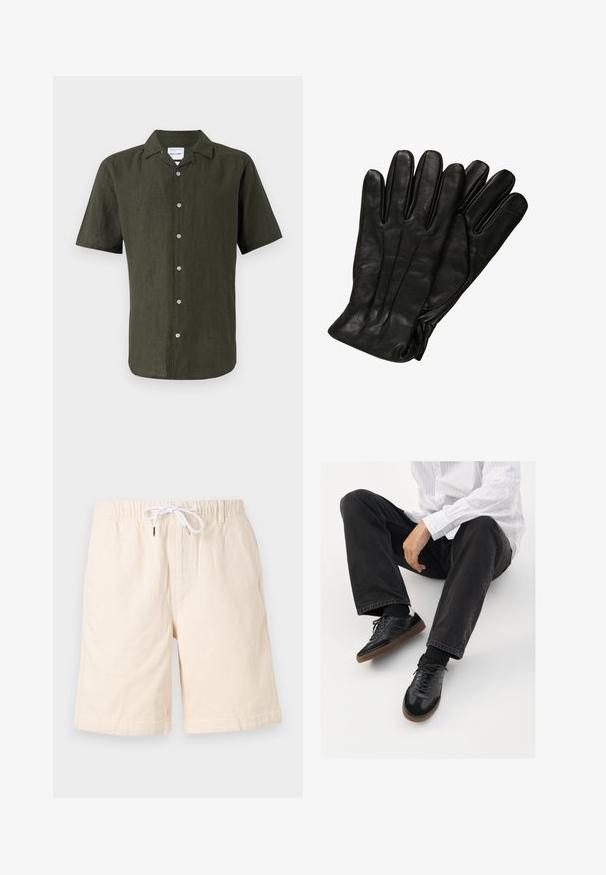 Kortermet, mørkegrønn lin-skjorte med krage, frontlukking med knapper og rett nederkant. Strukturett stoff med en lett glans.; Beige bomullsshorts med en avslappet passform, elastisk midje og hvit snor. Har sidelommer og en myk tekstur.; Svarte joggesko med en glatt og teksturert overflate, med gummisåle og mørke snører. Kombinert med svarte jeans og en hvit stripet skjorte.; Sorte skinnhansker med en glatt tekstur, fem fingre og subtile sømdetaljer. Klassisk design, egnet for bruk i kalde værforhold.