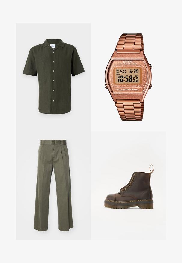 Camicia in lino verde scuro a maniche corte, con colletto, chiusura frontale con bottoni e orlo dritto. Tessuto testurizzato con una leggera lucentezza.; Pantaloni verde oliva con un design ampio e svasato, dotati di pieghe frontali. Realizzati in tessuto strutturato, con una vita standard e senza elementi di fissaggio visibili.; Stivale alla caviglia in pelle marrone con punta tonda, cuciture gialle a contrasto, occhielli decorativi in metallo e suola in gomma scanalata.; Orologio digitale Casio con cinturino in metallo rosa dorato, cassa rettangolare, display illuminato e resistenza all'acqua, che mostra l'ora e la data.