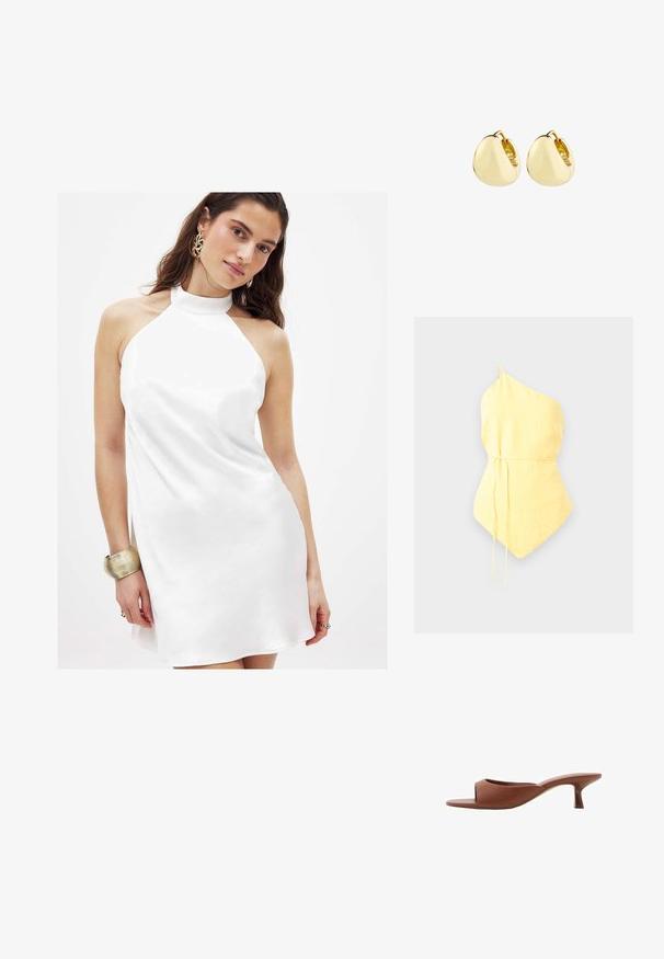 Eno-rameni rumena bluzica iz lahkega materiala, z zategnjenim pasom in nastavljivimi vrvicami ter ostrim robom. Gladka tekstura.; Bela obleka brez rokavov iz gladkega materiala, srahlo razširjeno silhueto in visokim ovratnikom, okrašena z metalnim zapestnikom.; Rjave odprte sandalje s peto z gladko, mat površino, ki imajo ukrivljen dizajn in prozorno, zoženo peto.; Zlate uhane v obliki obroča s gladkim, zaobljenim dizajnom; polirana površina in odprt zapiraj, s subtilnim šivom za zaklepanje.