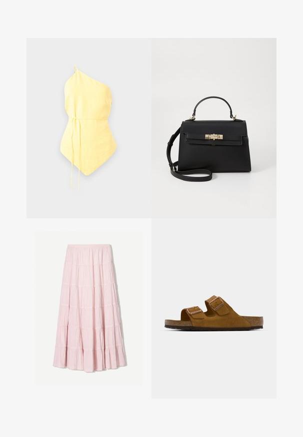 Top jaune à une épaule, fabriqué en tissu léger, présentant une taille cintrée avec des liens ajustables et un ourlet pointu. Texture lisse.; Jupe maxi en rose clair à volants, fabriquée dans un tissu texturé et léger. Taille élastique et ourlet fluide avec des accents volantés.; Sandale à glissière en daim brun avec deux lanières réglables, semelle intérieure en liège et semelle en caoutchouc texturé. Design minimaliste sans embellissements supplémentaires.; Sac à main en cuir noir avec un design structuré, une poignée supérieure, une bandoulière amovible et des accessoires en métal doré. Il dispose d'une fermeture à l'avant avec un fermoir.