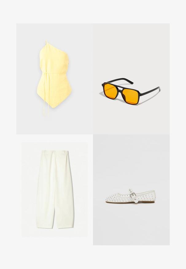 Top giallo a spalla unica realizzato in tessuto leggero, con vita arricciata e legacci regolabili, e orlo a punta. Texture liscia.; Pantaloni a gamba larga in un morbido tessuto crema, caratterizzati da una texture liscia, tasche frontali e una vestibilità morbida con una vita di altezza media.; Scarpa piatta bianca con punta a forma appuntita, decorata con borchie argentate, presenta una fascia con fibbia sopra il collo del piede e una suola di colore marrone chiaro.; Occhiali da sole rettangolari neri con lenti arancioni audaci. Presentano un design unico del ponte e aste eleganti, realizzati in materiale leggero.