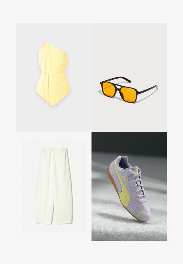 Ein schulterfreies, gelbes Oberteil aus leichtem Stoff, das eine gesmokte Taille mit verstellbaren Bändern und einen spitzen Saum aufweist. Glatte Textur.; Weite Hosen aus einem weichen Creme-Stoff, mit glatter Textur, seitlichen Taschen und einem lässigen Schnitt mit mittelhohem Bund.; Hellblaues Wildleder-Sneaker mit gelben Akzenten, strukturierter Seitenpartie, Schnürdesign und Gummisohle. Puma-Logo an der Seite.; Schwarze rechteckige Sonnenbrillen mit kräftigen orangenen Gläsern. Verfügt über ein einzigartiges Brückendesign und schlanke Bügel, die aus leichtem Material gefertigt sind.