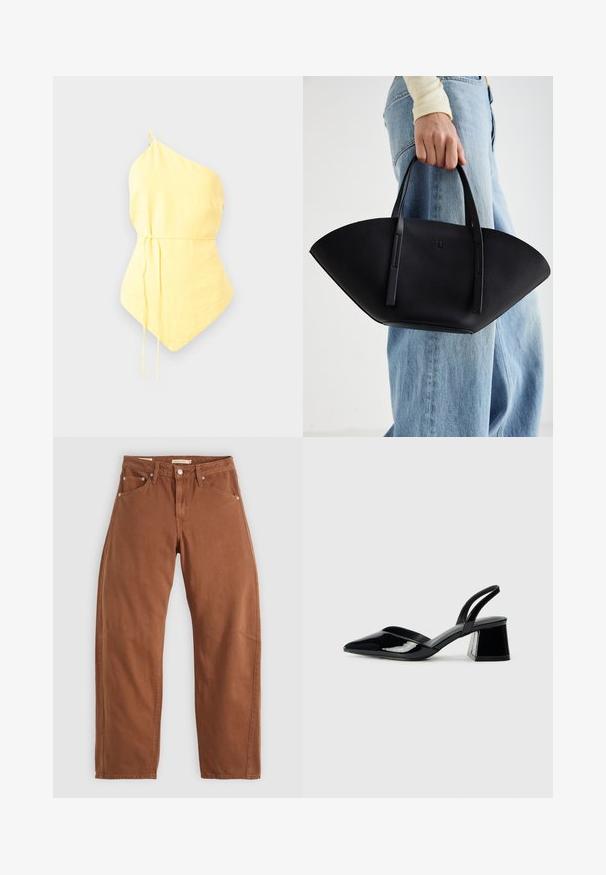 Top jaune à une épaule, fabriqué en tissu léger, présentant une taille cintrée avec des liens ajustables et un ourlet pointu. Texture lisse.; Jean droite couleur rouille avec poches avant et arrière, rivets en métal, fermeture à bouton et passants de ceinture, posés à plat sur un fond blanc.; Escarpins en cuir verni noir avec bout pointu et talon bloc géométrique. Présente un design élégant et minimaliste ainsi qu'une texture lisse.; Sac à main en cuir noir avec une forme de éventail unique, doté de poignées plates. La surface présente une texture granuleuse et un design minimaliste.