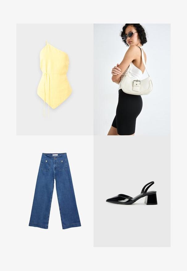 Žuti top s jednim remenom, izrađen od lagane tkanine, s stegnutim strukom s podesivim vezicama i šiljastim rubom. Glatka tekstura.; Denim široke hlače s medijskom plavom pranju, dva prednja džepa s dugmadi, i šivana dekoracija duž rubova.; Crne lakirane kožne sandale s otvorenom petom i špicastim vrhom, s geometrijskom blok petom. Imaju elegantan, minimalistički dizajn i glatku teksturu.; Bijela kožna torbica s zakrivljenim oblikom, podesivim remenom i malim detaljem kopče. Model nosi usklađeni crni outfit.