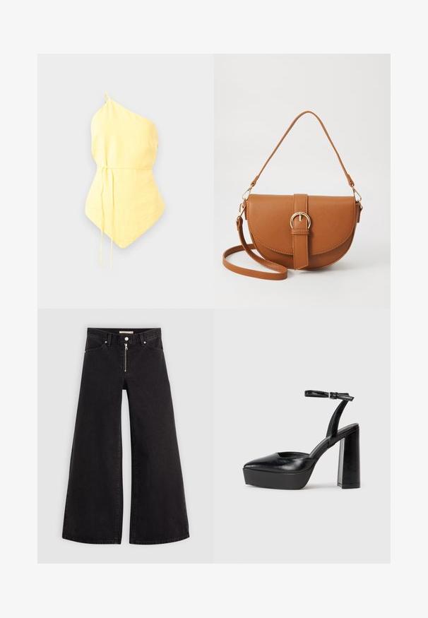 Geel top met één schouder van lichtgewicht stof, met een geaccentueerde taille met verstelbare strikken en een puntige zoom. Soepele textuur.; Wijdvallende jeans van zwarte denim met een ritssluiting aan de voorkant, vijf zakken en subtiele stikdetails. Soepele textuur en casual stijl.; Zwarte plateauhakken met een puntige neus en verstelbare enkelband. Gemaakt van soepel leer, met een robuuste blokhak.; Bruine leren schoudertas met een gebogen vorm, gouden hardware en een gespaccent. Bevat een afneembare schouderriem.