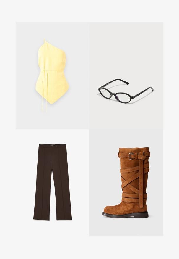 Vienos peties geltonas viršus, pagamintas iš lengvos medžiagos, su surišta juosmeniu ir reguliuojamomis raištelėmis, bei smailiu apvadu. Lygus paviršius.; Rudos, plačios kojos kelnės, pagamintos iš lygios medžiagos; turi priekinę raukšlę ir standartinį juosmenį. Minimalistinis dizainas be matomų užtrauktukų.; Rudos zomšos ilgaauliai batai su kryžminiais diržais, dviem sidabrinėmis sagtimis ir plokščiu padu. Savybės: suapvalintas pirštas ir tekstūruota paviršius.; Juodos ovalios rėmelio akinių su permatomais violetiniais akcentais ant objektyvų. Rėmeliai turi matinį paviršių ir plonus, tiesius šventykles.; Ruda odinė rankinė su tekstūruotu paviršiumi, turinti auksinės spalvos užsegimą ir vieną išlenktą petį.