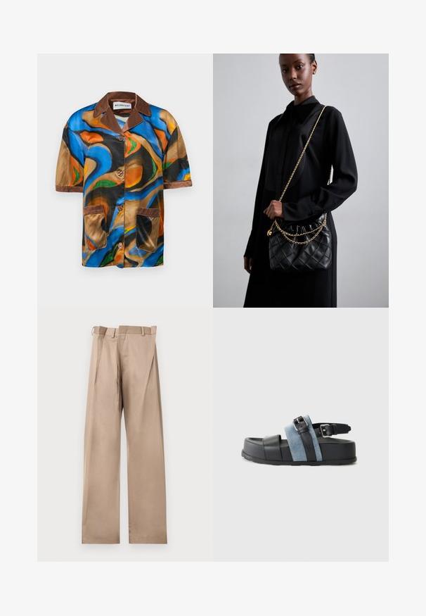 Kratka majica s kratkimi rokavi v večbarvnem satenu z abstraktnimi spiralmnimi vzorci, rjavim ovratnikom in obrobami žepa, ter zapiranjem na gumb.; Bež hlače s krojem po meri, s ravnim nogavicami, ki imajo raven sprednji del, zankice za pas in pregibe. Narejene so iz gladkega materiala z mehkim otipom.; Črne in modre sandale s široko platformo, usnje in denim material, nastavljiva zaponka in odprt toe dizajn.; Črna prešita usnjena torbica z nabranim vrhom, zlatim verižnim naramnikom in pravokotno obliko, držana na enolični podlagi.