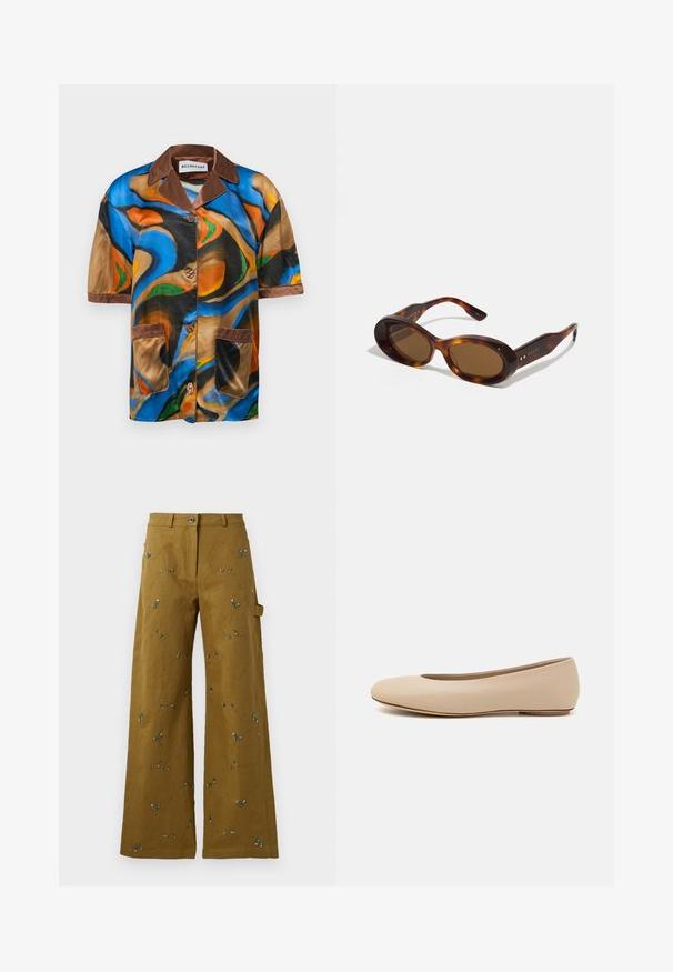 Kortærmet skjorte i multifarvet satin med abstrakte svirlemønstre, brun krave og lommeindfattning samt knaplukning foran.; Viddebukser i olivengrøn stof med blomsterbroderi. Har en knaplukning og sidelommer. Struktureret stikningsdetalje overalt.; Beige læder balletflade med afrundet tå, minimal sømdetaljering, lav hæl og subtilt logo på bagsiden. Glat, mat tekstur.; Skildpaddeskals-solbriller med ovale linser, brun nuance, og gyldne detaljer på stængerne. Kraftige rammer med en blank overflade og glat tekstur.