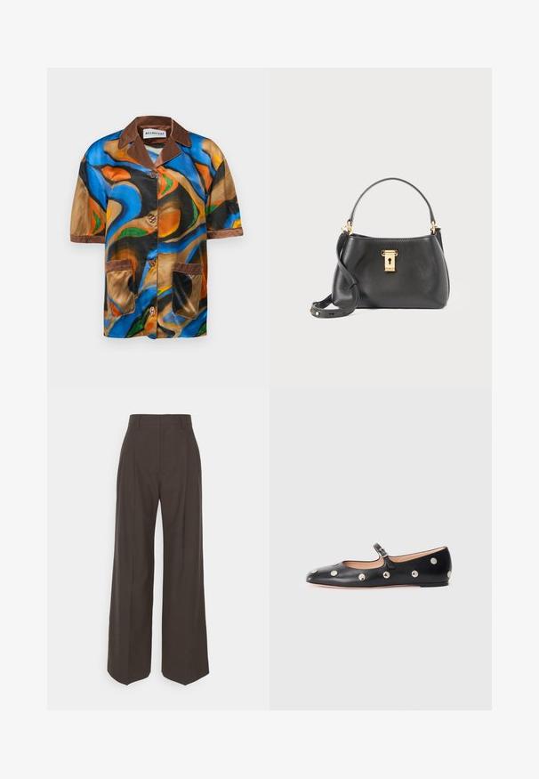 Krátky rukáv košela z viacfarebného saténu s abstraktnými vírivými vzormi, hnedým golierom a ozdobným lemom na vrecku a zapínaním na gombíky.; Tmavohnedé široké nohavice s vysokým pásom, ktoré majú úhľadne prežehlené záhyby, hladkú textúru a strih na mieru.; Čierne kožené baleríny typu Mary Jane s okrúhlou špičkou, so striebornými kruhovými cvokmi a nastaviteľným remienkom so sponou.; Čierna kožená kabelka s textúrovaným povrchom, vybavená zlatým uzamykacím systémom, krátkym držadlom a odnímateľným ramenným popruhom.