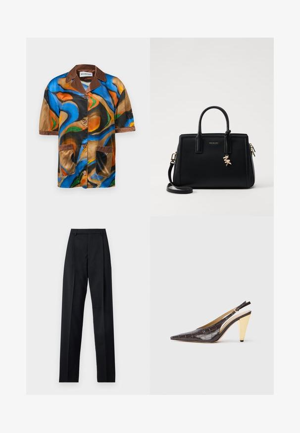 Kortebloes met korte mouwen in meerkleurige satijn, featuring abstracte spiraalpatronen, bruine kraag en zakrand, en knoopsluiting aan de voorkant.; Zwarte broek gemaakt van gladde stof met een hoge taille, wijde benen, voorplooien en klassieke ceintuurlussen. Geen zijzakken zichtbaar.; Puntige slingback hak in donkerbruin glanzend faux krokodillenleer. Kenmerkt zich door een goudkleurige geometrische hak en een verstelbare enkelband.; Zwarte leren handtas met gestructureerd ontwerp, dubbele handvatten aan de bovenkant, afneembare schouderband, gouden hardware en een logo charm accent.
