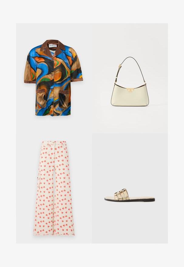 Lyhyet hihansuut sisältävä monivärinen satiinipaita, jossa on abstrakteja pyörteisiä kuvioita, ruskea kaulus ja taskun reunus sekä nappikiinnitys.; Housut, joissa on leveä lahje, valmistettu beigeistä kankaasta, jossa on mansikkakuosi punaisena ja vihreänä. Sisältää sivutaskut ja rescuhaituvahat helmassa.; Kultainen liukusandaali, jossa on kolme vaakasuoraa remmiä. Tasapohja ja sileä materiaali, jossa on avonainen varvastyyli.; Valkoinen nahkainen käsilaukku, jossa on kaareva muoto. Varustettu kultaisella logolla ja ohueholla, säädettävällä tummalla olkaimella.