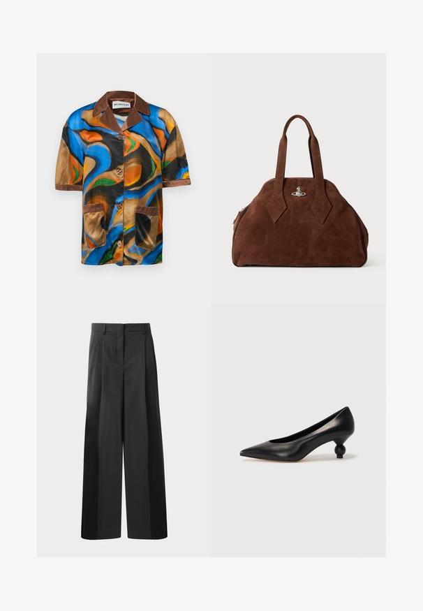 Trumpas rankovės marškiniai iš daugiabriaunio satino, su abstrakčiais suktiniais raštais, rudos spalvos apykaklė ir kišenės apdaila, bei mygtukų užsegimas priekyje.; Juodos plačios kelnės su aukštu liemeniu, su priekinėmis raukšlėmis, glotnia tekstūra ir pritaikytu apdailos stiliumi. Sukurtos laisvam sėdėjimui.; Juoda odinė aukštakulnė bateliai su smailiu pirštu ir apvaliu, iškiliu kulnu. Lygus paviršius su elegantišku, minimalistiniu dizainu.; Ruda zomšo rankinė su struktūrine forma, apvaliu kūnu ir pailgom rombo formos rankenom. Yra sidabro spalvos uždarymo mechanizmas.