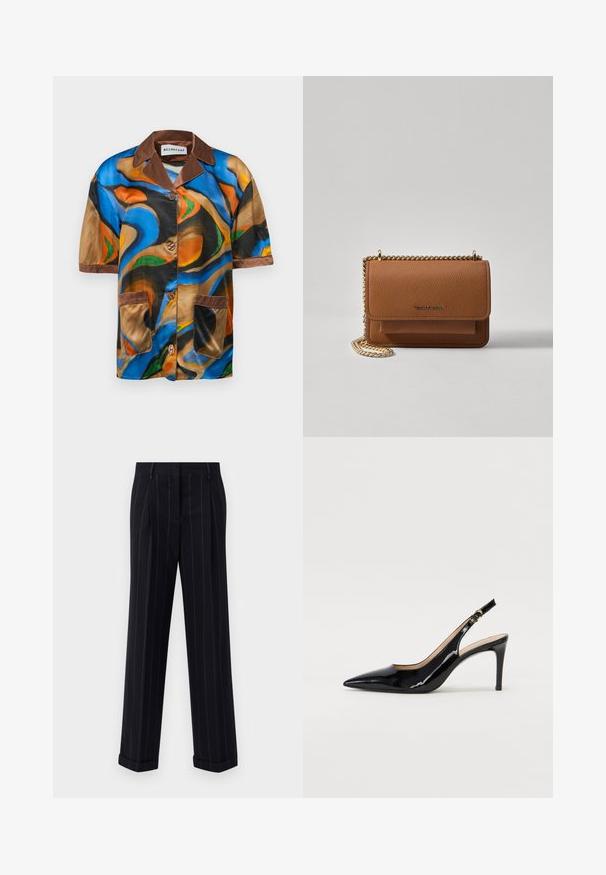 Κοντομάνικο πουκάμισο από πολύχρωμο σατέν με αφηρημένα σχέδια σπειροειδούς μοτίβου, καφέ γιακά και φινίρισμα τσέπης, και κλείσιμο με κουμπιά.; Μαύρο παντελόνι με ρίγες και κομψή γραμμή, με τελειώματα σε μανσέτα και εμπρός πτυχώσεις. Φτιαγμένο από λείο ύφασμα με δομημένη σχεδίαση.; Μαύρη πατέν κλίνγκμπακ άντρες με μυτερή μύτη, λεπτό τακούνι και διακριτικό σχέδιο κοψίματος. Διαθέτει χρυσό κούμπωμα στη λωρίδα.; Καφέ δερμάτινη τσάντα χιαστί με υφή, με χρυσή αλυσίδα στον ιμάντα και κλείσιμο με καπάκι. Στο μπροστινό μέρος υπάρχει λεπτομέρεια με λογότυπο και μία τσέπη κάτω από το καπάκι.