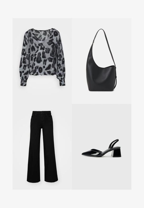 JDY JDYCOHEN - Blusa - oyster mushroom/black; Calças largas pretas em denim, com uma cintura estruturada, passantes para cinto e bolsos frontais. Textura suave com um design clássico.; Sandy em verniz preto com salto slingback, ponta afilada e salto geométrico. Apresenta um design elegante e minimalista com textura suave.; Saco hobo preto em pele com uma textura lisa, forma curva e uma única alça ajustável; apresenta uma abertura larga na parte de cima.