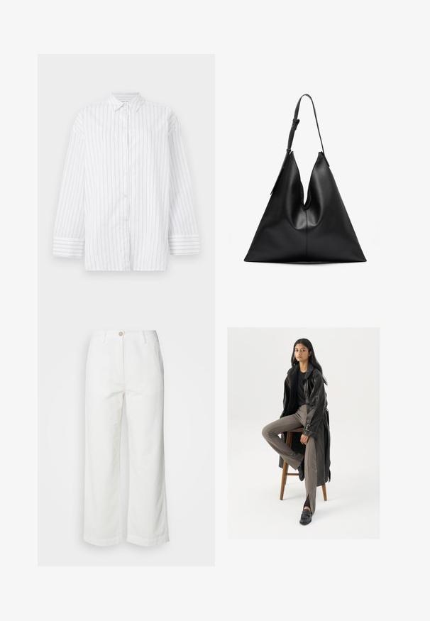 Valge nööpidega särk, millel on vertikaalsed heledashallid triibud, pikad varrukad ja klassikaline krae. Omab kergelt laia vormi ja mansetiga varrukasid.; Valge lühikeste varrukatega T-särk, mis on valmistatud puuvillast; omab mugavat lõiget, ümmargust kaelust ja ei oma nähtavaid mustreid ega detaile.; Valged laiad püksid, valmistatud tekstureeritud kangast, eesnupu sulgemise ja kahe küljetaskuga, puhta ja lihtsa disainiga.; Must musta trench-jakk mustriga nuppudega ja vöödetailiga, koos heledatest pruunidest sobivaist pükstest ja mustadest loafers'itest, istudes puidust toolil.; Must musta kolmnurga kujuga käekott, millel on üks reguleeritav õlarihm ja pehme, veidi lohvama struktuuriga.