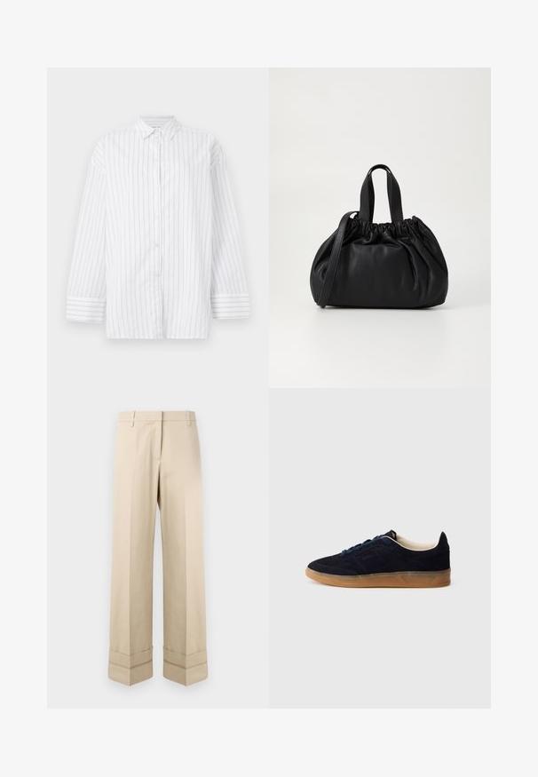 Bela srajca s gumbki in navpičnimi svetlo sivo črtami, dolge rokave in klasičen ovratnik. Ima nekoliko ohlapen kroj in manšete na rokavih.; Bež hlače s ravnim krojem, ki imajo dvojni rob na robu in ravno sprednjo zasnovo. Narejene so iz gladkega, trpežnega materiala.; Temno modni semiš športni copat z gumijastim podplatom, modrimi vezalkami in minimalističnim dizajnom. Na strani je vrezan logotip in notranjost je gladka.; Črna usnjena torbica z zloženim zgornjim dizajnom, opremljena z dvema kratkima ročkama in dolgo nastavljivo naramnico. Gladka tekstura, okrogla oblika.