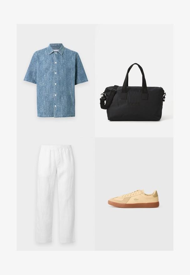 Camisa de manga corta con botones en tela de mezclilla azul con un acabado texturizado, que presenta un cuello clásico y botones blancos.; Pantalones de lino blancos con cintura elástica, corte recto y textura suave, sin patrones visibles ni detalles de herrajes.; Zapatillas Lacoste de cuero amarillo pálido, con suela de goma, diseño de cordones y logotipo icónico. Acentos de ante en la punta y el talón.; Bolsa de gimnasio de nylon negro con dos asas en la parte superior y una correa de hombro desmontable. Presenta un logo en relieve y una textura suave con cierre de cremallera.