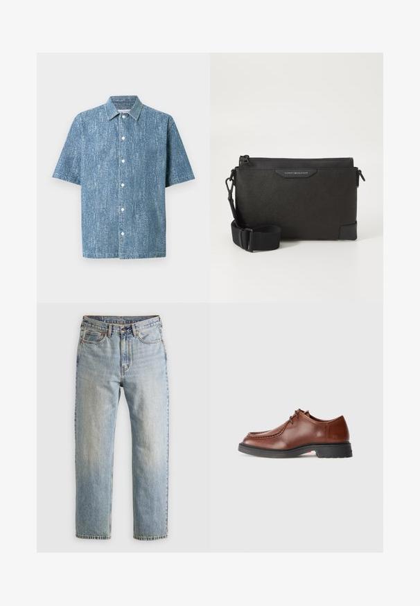 Kortermet skjorte med knapper i blå denimstoff med en teksturert finish, med klassisk krage og hvite knapper.; Lys blå denim jeans med høy midje, frontknapp, glidelås og fem-lommers design, lagt flatt på en nøytral bakgrunn.; Brune lærdressko med rund tå, kontrasterende sting, snøredesign og en teksturert svart gummisåle.; Svart skinn crossover-veske med teksturert overflate, med glidelås og justerbar stropp. Logo-patch på fronten. Rektangulær fasong.