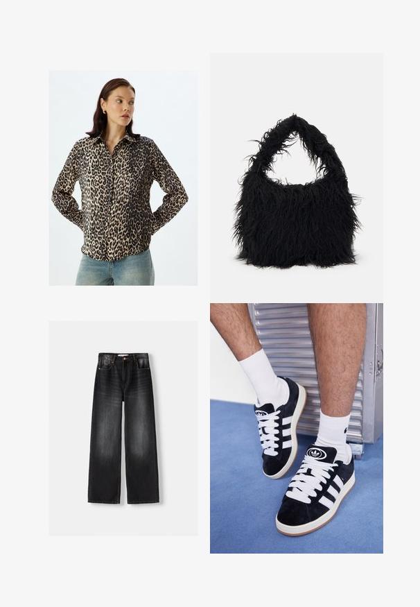 Leopard print shirt in silk blend fabric; long sleeves, button-up front, classic collar, featuring black and beige tones, subtle sheen.; Bershka Flared Jeans - black; Black suede sneakers with white laces and three white stripes. Features a circular black logo on the tongue and a gum rubber sole.; Even&Odd Tote bag - black