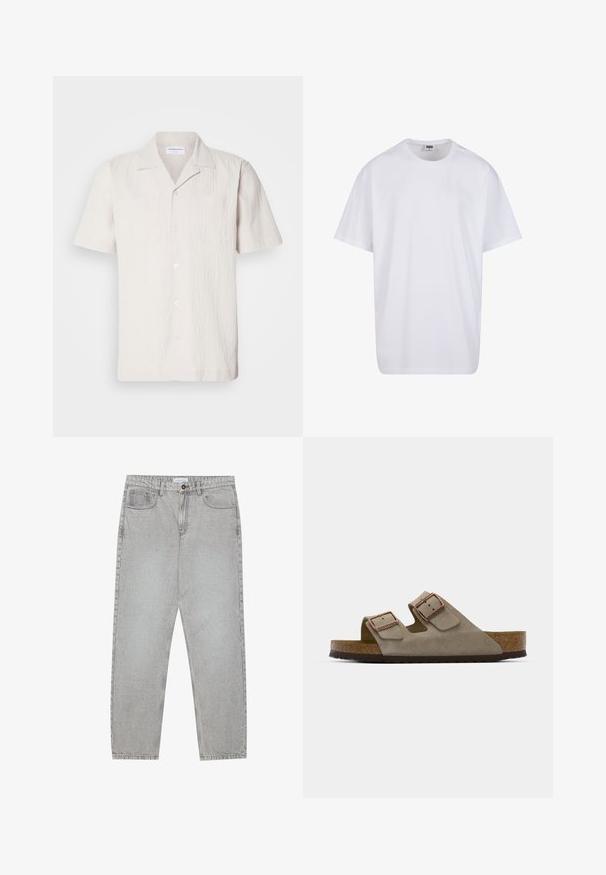 Kurzärmliges, hellbeiges Hemd aus strukturiertem Stoff mit einem eingeschnittenen Kragen und zwei Brusttaschen, das einen Knopfverschluss aufweist.; Weiße Baumwoll-T-Shirt mit kurzen Ärmeln, rundem Ausschnitt, lockerer Passform und ohne sichtbare Logos oder Muster. Glatte Textur und minimalistisches Design.; Helle graue Jeanshose mit gerade geschnittenem Design, Fünf-Taschen-Stil und Knopfverschluss. Sichtbare Nähte entlang der Seitennähte.; Wildledersandale in Hellgrau mit zwei verstellbaren Schnallen, einer Kork-Zwischensohle und einer strukturierten Gummiaußensohle.