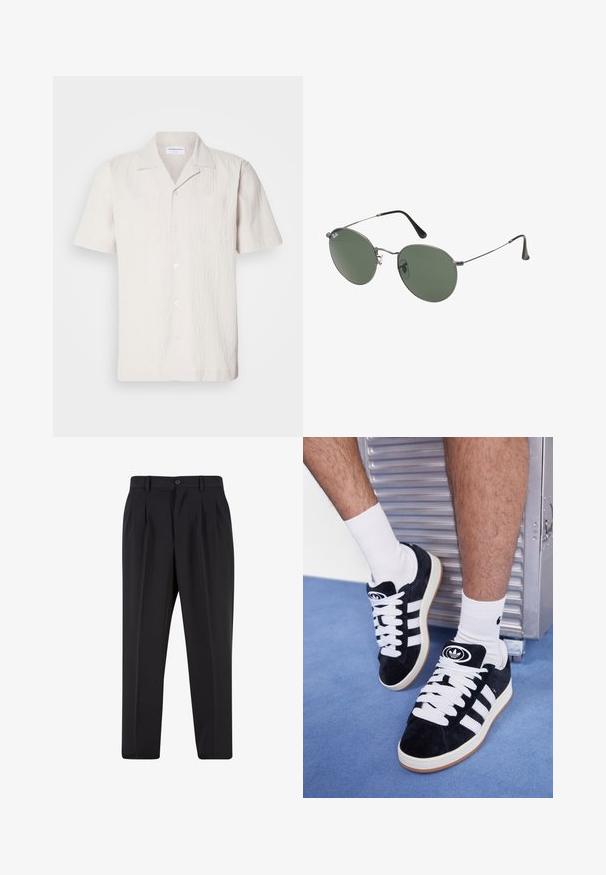 Īsu piedurknu, gaiši bēša krāsas krekls ar strukturētu audumu, ar iedzeltu apkakli un divām krūšu kabatām, ar pogu priekšējo aizdari.; Melni brīvie bikses ar krokotu priekšpusi, izgatavotas no gludas auduma. Iespējama poga aizdare un jostas cilpas; taisnu kāju forma.; Melni zamšaini sporta apavi ar baltiem šņorēm un trim baltām svītrām. Iekļauj arī apaļu melnu logotipu uz mēles un gumijas zoli.; Metāla rāmji saulesbrillēm ar ovālām zaļām lēcām. Tievs sudraba metal rāmji un melni ausu spilventiņi. Minimalistiska dizaina, bez redzamām apzīmējumiem.