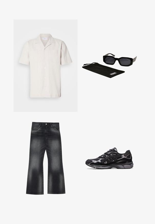 Krátkorysý svetlobežový košeľový top s textúrovanou látkou, s výstrihom do V a dvomi náprsními vreckami, so zapínaním na gombíky.; Čierne deninové zvonové nohavice s vyblednutým vzhľadom, s piatimi vreckami a kontrastným prešívaním, s mierne širokým otvorom na nohách.; Čierne športové topánky s vrchom z priedušnej sieťoviny a semišu, s textúrovaným dizajnom a robustnou, polstrovanou sivou podrážkou.; Čierne slnečné okuliare s uhlovými, prehnanými rámami a tmavými sklami, doplnené čiernym mikrovláknovým puzdrom s logom.