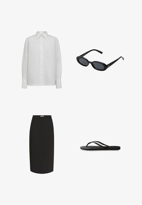 Valkoinen pitkähihaisen paita, joka on valmistettu sileästä puuvillasta. Ominaisuuksina klassinen kaulus, napitettava etuosan ja helmipainikkeet, sekä muotoillut hihansuut.; Musta kynähame, joka on valmistettu sileästä kankaasta. Se on hyvin istuva, polvipituinen ja siinä on etutaskut.; Mustat flip-flopit, joissa on röpelöinen kumipohja, kaksi hoikkaa remmiä ja hillitty, kohokuvioitu logotyyli remmissä.; Mustat ylisuuruiset aurinkolasit, jotka ovat soikeat linssit, sileä muovikehys ja kultaiset korostukset temppeleissä. Tummat linssit tarjoavat suojaa auringolta.