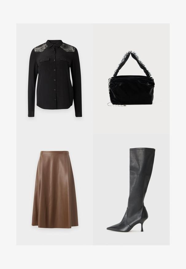Black long-sleeve shirt with button closure, two chest pockets, and lace detailing on the shoulders. Smooth fabric with a classic collar.; Brown leather A-line skirt with a smooth texture and a mid-length hem. Features a fitted waistband and a slight flare from the hips.; Knee-high black leather boots with a pointed toe and a slim stiletto heel. Smooth texture with a fitted design and stitching at the top edge.; Black faux leather handbag with a textured finish, featuring a beaded silver accent along the top handle and a chain strap.