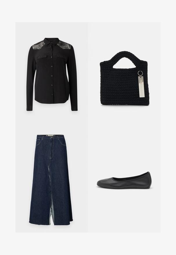 Black long-sleeve shirt with button closure, two chest pockets, and lace detailing on the shoulders. Smooth fabric with a classic collar.; Dark blue denim long skirt with a front slit. Features traditional five-pocket design and visible stitching accents. Hem is frayed.; Black leather ballet flat with a rounded toe, smooth texture, minimal stitching detail, and a flexible sole design.; Won Hundred MARSIELLE COMPUTER BAG UNISEX - Laptop bag - black