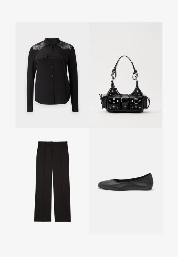 Black long-sleeve shirt with button closure, two chest pockets, and lace detailing on the shoulders. Smooth fabric with a classic collar.; Black tailored trousers made of a smooth fabric, featuring a straight-leg design, and two side pockets. Elegant and minimalistic construction.; Black leather ballet flat with a rounded toe, smooth texture, minimal stitching detail, and a flexible sole design.; Black leather handbag with a curved design, featuring silver studs, a buckle, and two side pockets. Adjustable strap for carrying options.