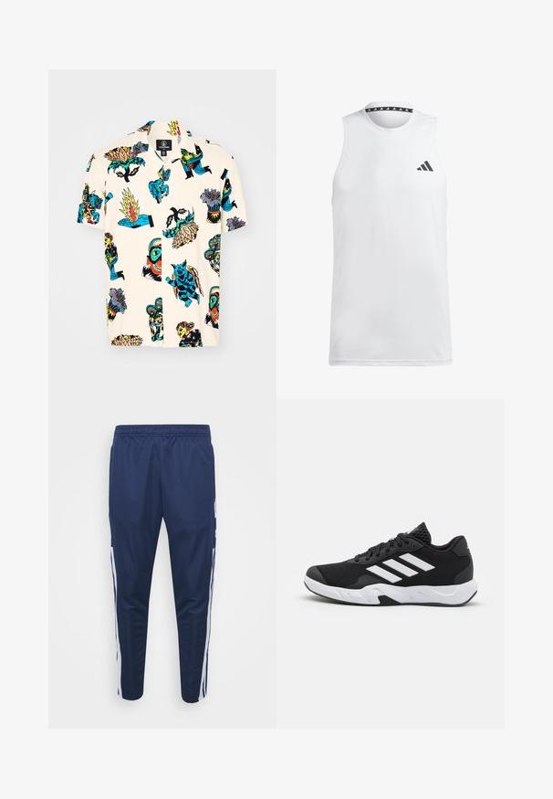 Short-sleeve shirt in cream fabric featuring vibrant, multicolored graphic prints of animals, plants, and abstract designs. Classic collar.; White sleeveless athletic tank top made of smooth fabric. Features a black logo on the left chest and a patterned black neckline.; Navy athletic joggers with a stretchy waistband, tapered legs, and white side stripes. Made from lightweight, smooth fabric.; Black athletic shoes with a textured mesh upper, white accent stripes, a cushioned sole, and a reinforced heel for support.