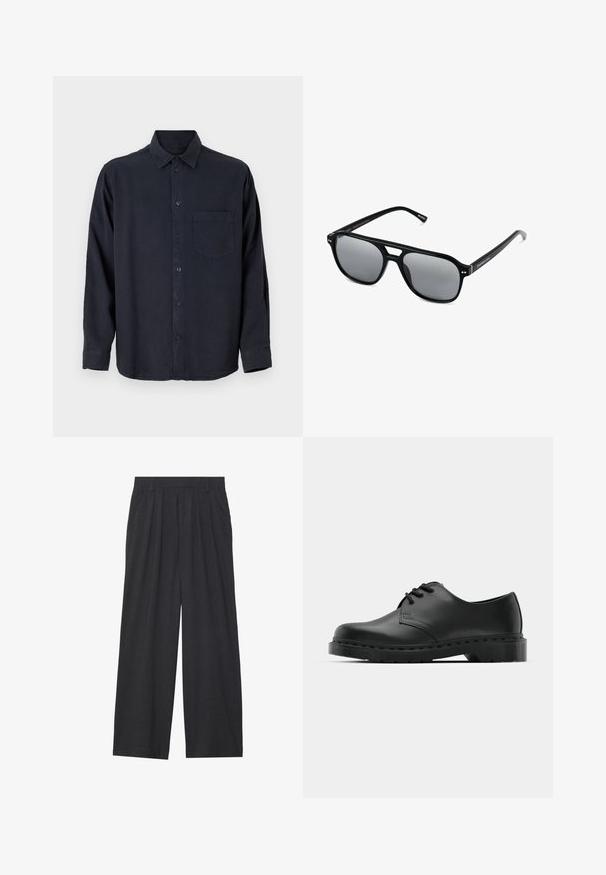 Camisa de manga larga de un azul marino oscuro, confeccionada con una tela suave, con cierre frontal de botones, cuello puntiagudo y un bolsillo en el pecho.; Camisetas sin mangas de algodón blanco, diseño sin mangas, cuello redondo, textura lisa, con un tejido suave y ligero. Se presentan dos piezas.; Pantalones de pierna ancha hechos de tela gris oscura. Cuenta con pliegues en la cintura, un diseño a medida y una silueta recta.; Zapato oxford de cuero negro con diseño de cordones, punta redonda, suela de goma plana y un sutil detalle de costura en la parte superior.; Gafas de sol negras con montura rectangular, lentes ahumados grises y diseño con corte en el puente. Material plástico brillante y elegante, con varillas estrechas.
