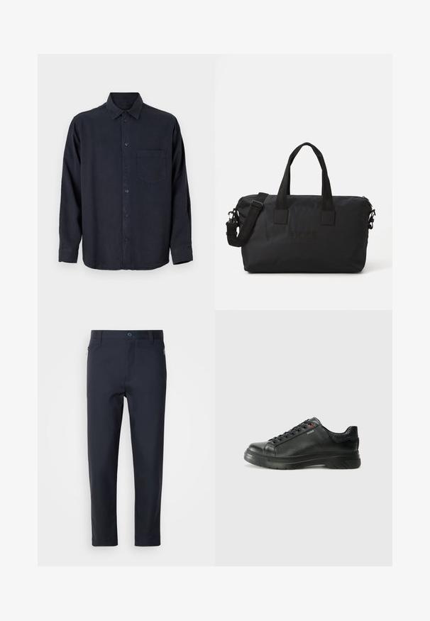 Tamsiai mėlyna ilgomis rankovėmis marškiniai, pagaminti iš minkštos medžiagos, su sagčių užsegimu, smailiu apykakle ir viena krūtine kišene.; Tamsiai mėlynos pritaikytos kelnės, pagamintos iš sklandžios medžiagos, su užtrauktuku užsegama kišene, tiesiomis kojomis ir mygtuko užsegimu juosmens srityje.; Juodos odinės sportinės bateliai su tekstūruota viršutine dalimi, paminkštinta apykakle ir raudonu logotipo akcentu. Yra storas guminis padas su išskirtiniu protektoriaus raštu.; Juodas nailono kertinis krepšys su dviem viršutiniais rankenomis ir nuimamąja petine juostele. Yra iškilus logotipas ir lygus paviršius su užtrauktuku.